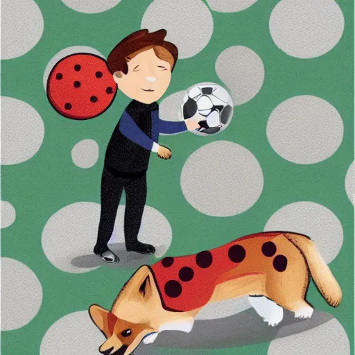 Image similar to illustration of french boy in paris playing football against a corgi, the corgi is wearing a polka dot scarf