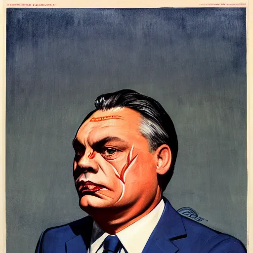 Image similar to highly detailed propaganda poster portrait of the leader of fascist hungary, viktor orban with cat facepaint, looking into the distance, by edward hopper