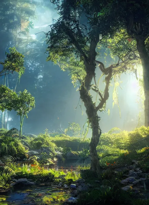 Image similar to beauteous sumptuous, with incredible indirect soft cinematic lighting, garden of eden, crystalline masterpiece incrustations, hyperdetailed features, movie still, intricate, octane render, cinematic forest lighting, unreal engine, crepuscular rays, god rays