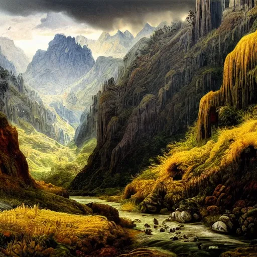 Image similar to a beautiful and highly detailed oil painting of a lost valley in the mountains, intricate details, epic scale, insanely complex, 8 k, sharp focus, hyper realism, fantasy landscape, psychedelic, by caspar friedrich,