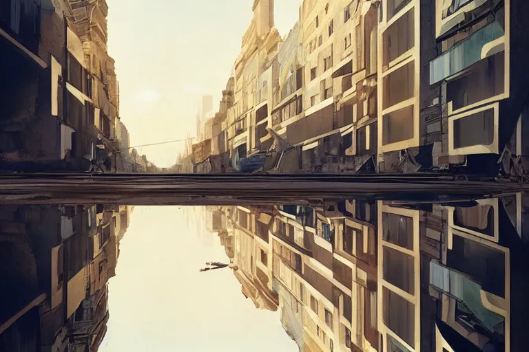 Image similar to urban street bended and transformed like in inception, highly detailed, photorealistic, reflections, smooth, sharp focus, concept art, illustration, beautiful, geometric, trending on artstation, cinematic, featured on behance , artwork by WLOP and Tran, Ross