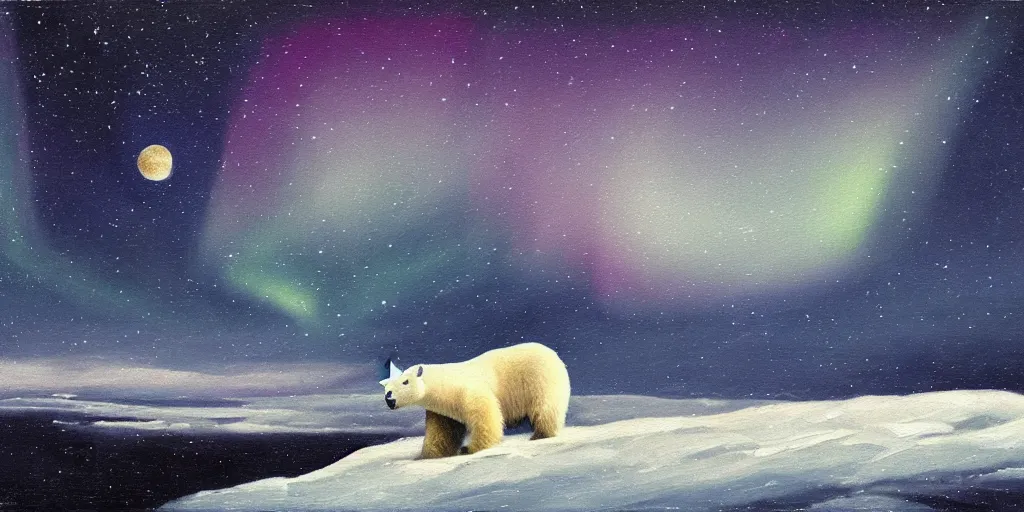 Image similar to an oil painting of a close - up polar bear traversing a snowy landscape at night, the northern lights and the moon are visible