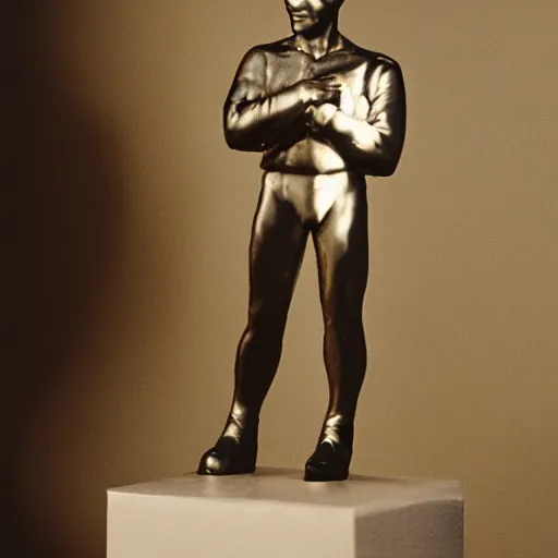 Prompt: An aluminum casted statuette of Ed Harris, studio lighting, F 1.4 Kodak Portra