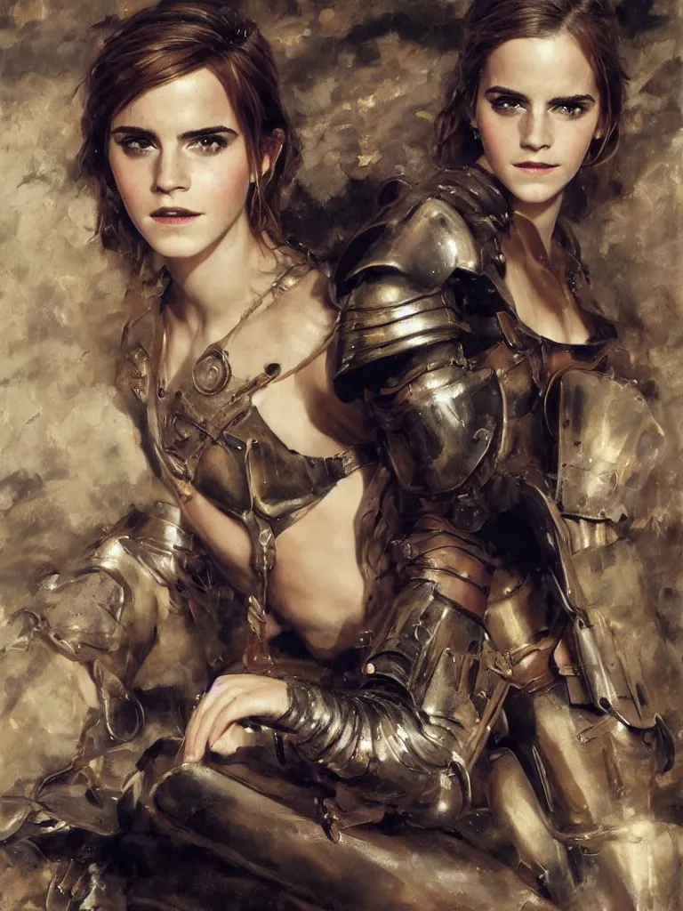 Image similar to close up of emma watson in full leather armor, cinematographic shot, alexander averin and delphin enjolras and daniel f. gerhartz