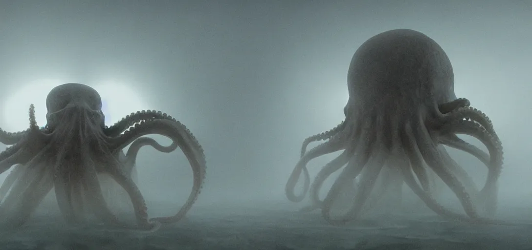 Image similar to an octopus in the shape of a skull, foggy, cinematic shot, photo still from movie by denis villeneuve, wayne barlowe