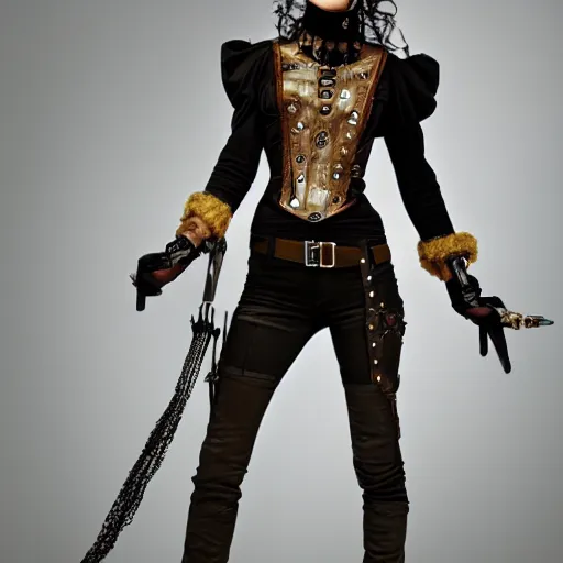 Image similar to full body photo of a skinny female steampunk warrior