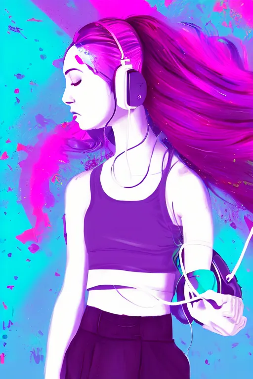 Image similar to a award winning half body portrait of a beautiful woman in a croptop and cargo pants with ombre purple pink teal hairstyle with head in motion and hair flying listenin to music on headphones by wlop, paint splatter, outrun, vaporware, shaded flat illustration, digital art, trending on artstation, highly detailed, fine detail, intricate