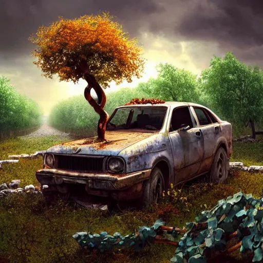 Image similar to a tree growing on a scrap car in ancient greek ruins, gray wasteland, many scrap cars, overgrown, pillars and arches, colorful flowers, vines, hyperrealistic, highly detailed, cinematic, ray of golden sunlight, beautiful, cgsociety, artstation, 8 k, pixar style by tristan eaton, artgerm, tom bagshaw