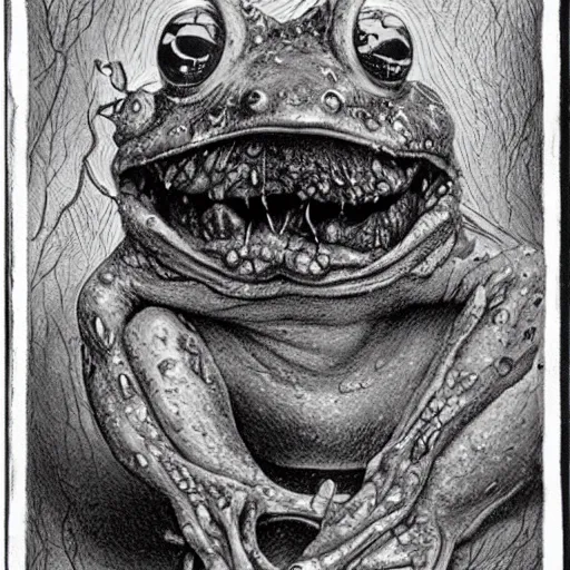 Prompt: An illustration of a scary frog by Stephen Gammell