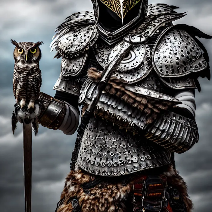 Image similar to full length photo of a warrior with owl themed armour, highly detailed, 4 k, hdr, smooth, sharp focus, high resolution, award - winning photo