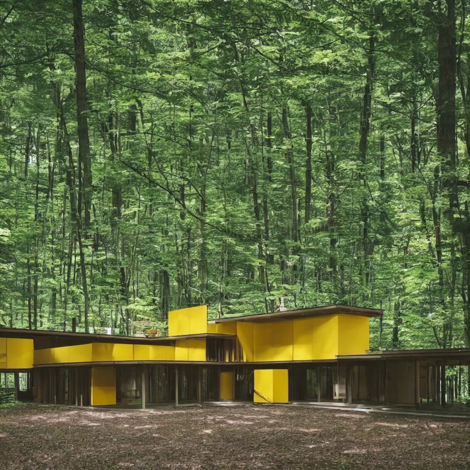 Prompt: architecture ad for a mid-century modern house in the middle of the forrest, designed by Kengo Kuma. Film grain, cinematic, yellow hue