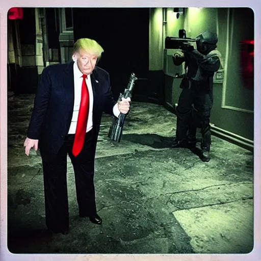 Prompt: “Donald Trump on the Call of Duty Map Der Reise fighting zombies and holding a Ray Gun, 8 mm lens photography”