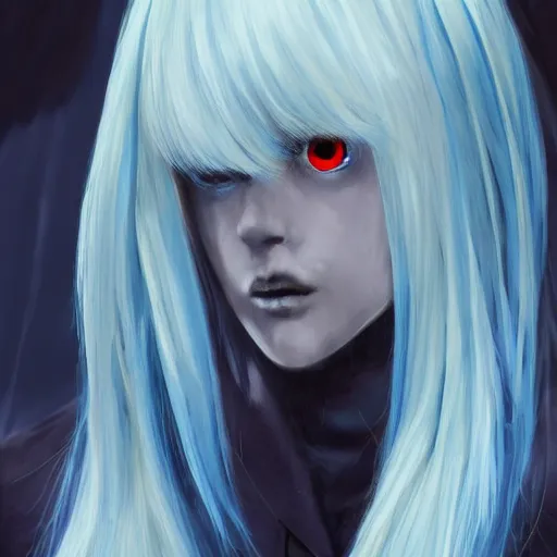 Image similar to full face shot of rimuru tempest, sky blue straight hair, long bangs, with amber eyes, wearing a fancy black jacket, high collar, ultra detailed, brush strokes, digital painting, cinematic, wlop artstation, closeup, pixiv, eerie, scary, intimidating glare, evil, yoshitaka amano, junji ito,