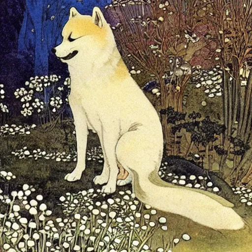 Image similar to an akita inu sitting in a moonlit palace garden, by warwick goble and kay nielsen