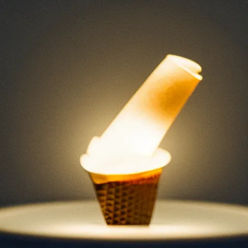 Prompt: a glowing, levitating ice cream cone with semitransparent ice cream containing a tungsten filament