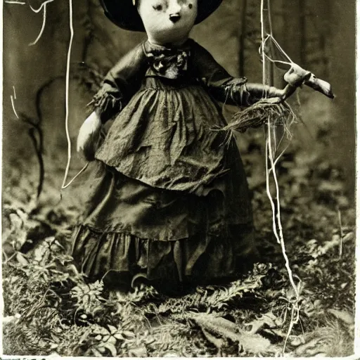 Prompt: portrait of a ratched witch holding a voodoo doll in an ominous forest, 1 9 0 0 s photography
