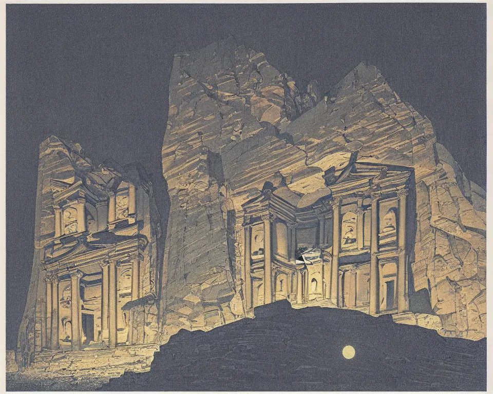 Image similar to achingly beautiful print of the Treasury at Petra bathed in moonlight by Hasui Kawase and Lyonel Feininger.