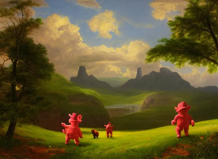 Image similar to american realist romanticism landscape painting of teletubbies in the style of hudson river school and thomas cole and albert bierstadt and robert duncanson