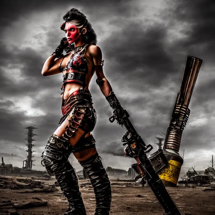 Prompt: full length photo of a very beautiful female atompunk warrior with weapons, 8 k, hdr, smooth, sharp focus, high resolution, award - winning photo