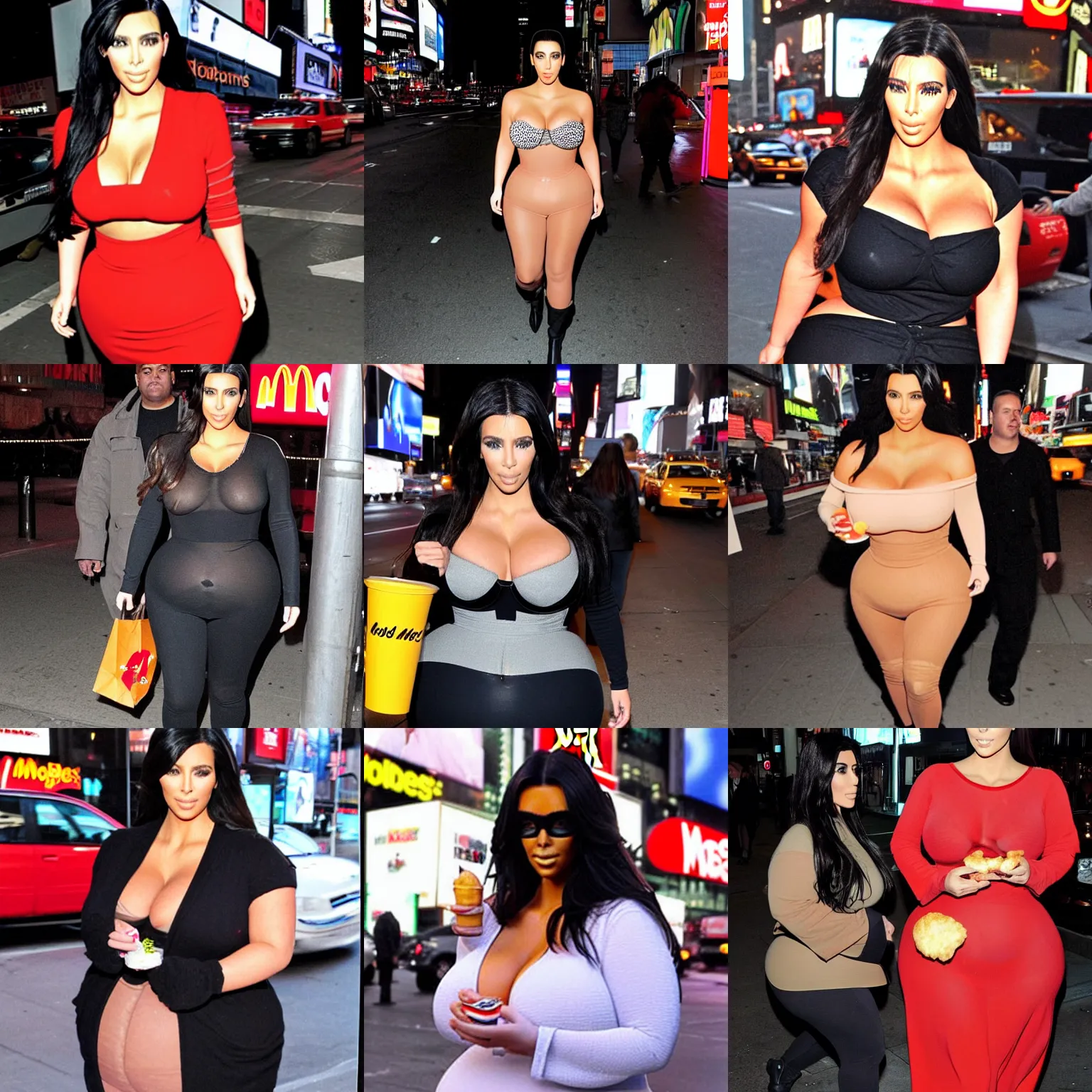 Prompt: tabloid Photograph of obese kim kardashian in times square smoking eating mcdonalds nighttime flash