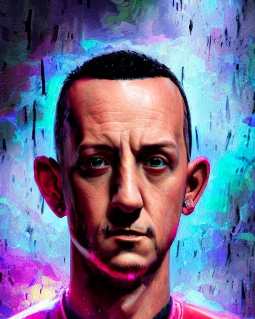 Image similar to An epic fantasy comic book style portrait painting of a very imposing Chester Bennington in the rain , neon reflections, character design by Mark Ryden and Pixar and Hayao Miyazaki, unreal 5, DAZ, hyperrealistic, octane render, cosplay, RPG portrait, dynamic lighting, intricate detail, cinematic