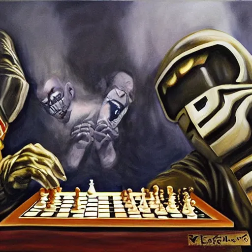 Image similar to beautiful lifelike painting of mf doom in a chess tournament with godzilla, hyperreal detailed facial features and uv lighting, art by ed roth and basil wolverton