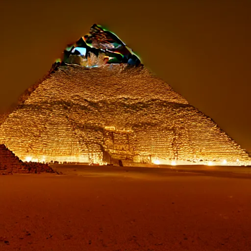 Image similar to pyramids of giza at night, neon lit