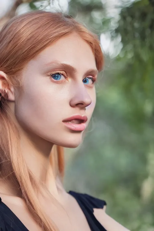 Prompt: olive skinned strawberry - blonde female model in her twenties, wearing a v - neck satin blouse, looking content, focused on her neck, photo realistic, extreme detail skin, natural beauty, no filter, slr, golden hour, 4 k, high definition, selfie