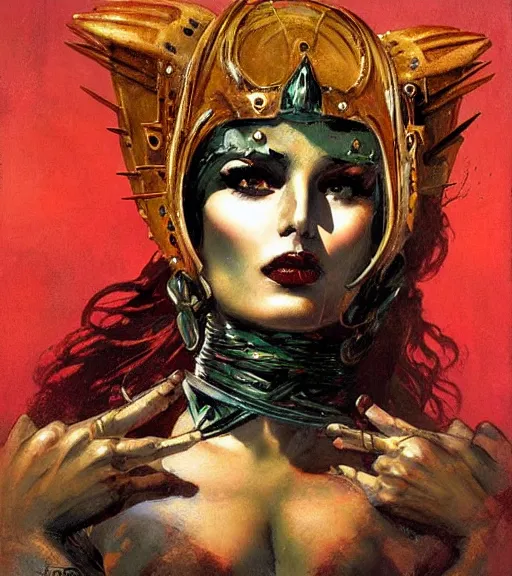Image similar to portrait of junoesque iranian female chaos angel, beautiful! coherent! by frank frazetta, by brom, strong line, muted color, rusted spiked armor, iron helm, high contrast, maximalist