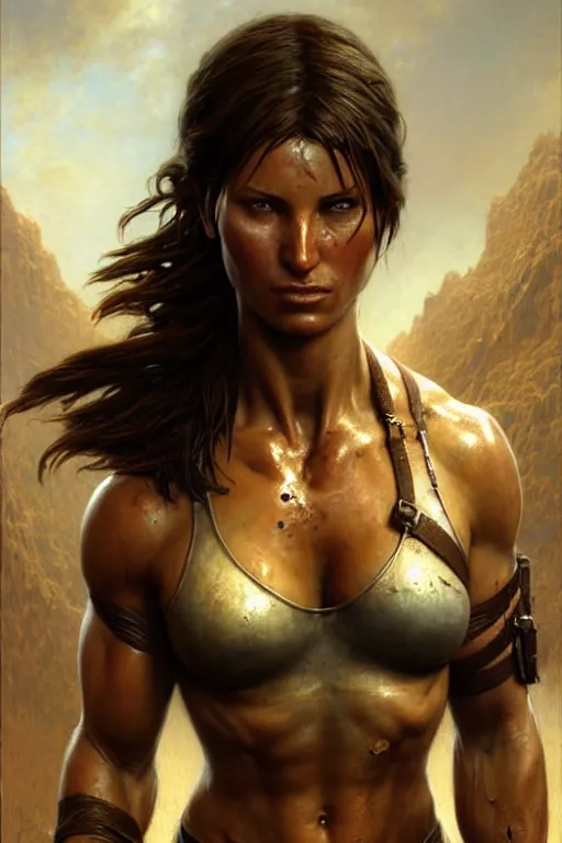 Image similar to muscular sweat lara croft, covers with mud exhausted face close up, highly detailed painting by gaston bussiere, craig mullins, j. c. leyendecker 8 k