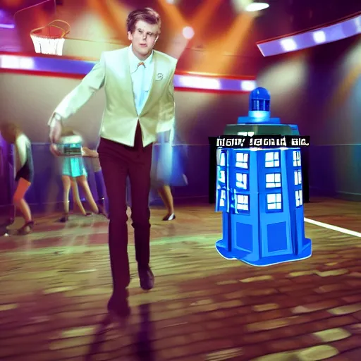 Prompt: the tenth Doctor Who at a polka dancing contest at the YMCA basketball gym, everyone in the background clapping including a Dalek, in the background the Tardis door is open, cgsociety, artstation, UE5, 8K, 4K, HQ, high energy, swing