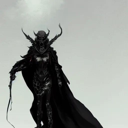 Image similar to full body portrait of a character wearing a black cloak, with a white mask in the shape of an animal skull, the mask covers her entire face, dramatic lighting, illustration by Greg rutkowski, yoji shinkawa, 4k, digital art, concept art, trending on artstation