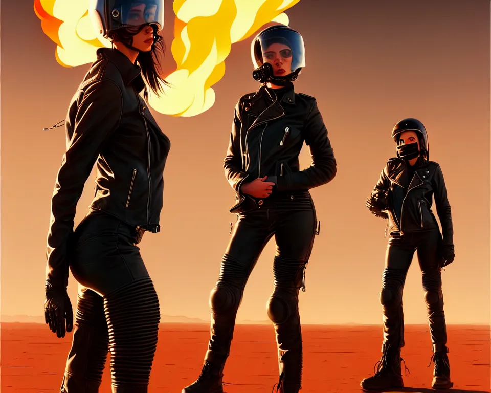 Image similar to a ultradetailed beautiful panting of post apocalyptic woman biker in leather jacket with helmet in front of burning desert, by ilya kuvshinov, greg rutkowski and makoto shinkai, trending on artstation