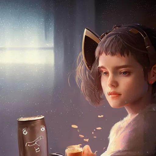 Image similar to portrait of a beautiful cute girl with robot ears by greg rutkowski, 4k, intricate details, coffee and stars background