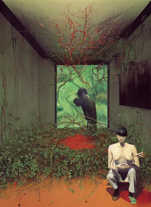 Image similar to time does not exist anymore by edward hopper and james gilleard, zdzislaw beksinski, overgrown vegetation, open ceiling, highly detailed, painted by francis bacon, painted by james gilleard, airbrush, ilya kuvshinov, wlop, stanley artgerm, very coherent, art by takato yamamoto and james jean