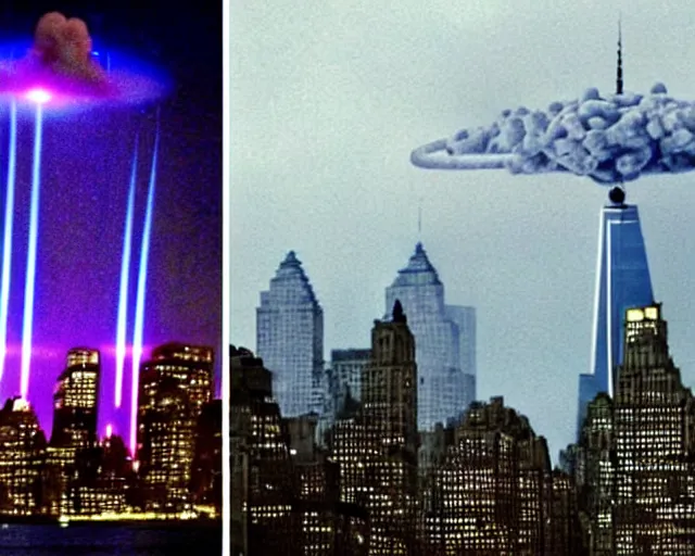 Prompt: [alien invasion] ufo footage spotted at new york city. there is explosions all over the city. 9/11 inspired. archangel michael inspired by an alien.