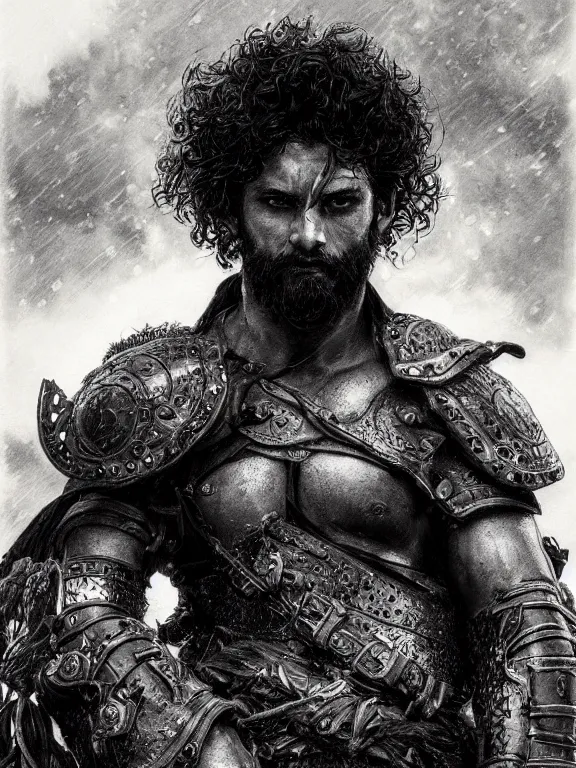 Prompt: close up picture of a male warrior looking at the sky, angry, sad, rugged, black plate armor, simple, brown skin, messy curly hair, unkempt beard, highly detailed, detailed face, smooth, sharp focus, chiaroscuro, black and white, manga illustration, artgerm, greg rutkowski, alphonse mucha