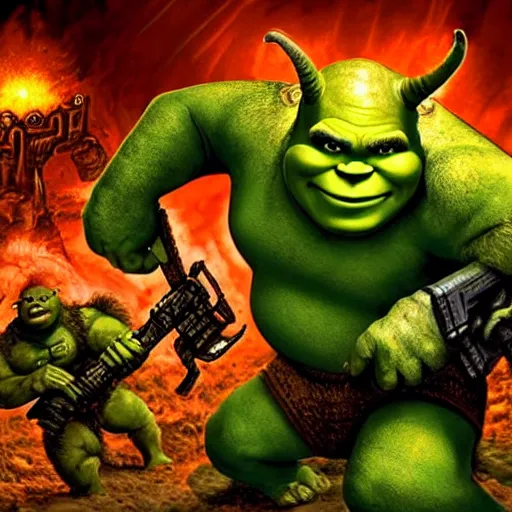 Image similar to Shrek and Doom Guy killing hordes or demons with heavy weapons in the depths of hell in the style of DOOM, game cover art, rip and tear