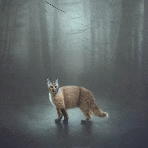 Image similar to Ryan Gosling holding a cute caracal, in style of stranger things by Aron Wiesenfeld and beksincki, cinematic, detailed illustration, nature, fog, dark colors, suspense, intricate, 8k