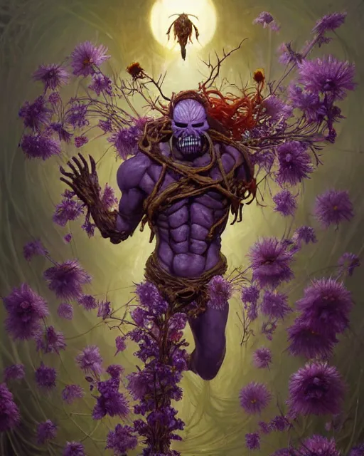 Image similar to the platonic ideal of flowers, rotting, insects and praying of cletus kasady carnage thanos davinci dementor wild hunt chtulu mandala ponyo heavy rain the witcher, d & d, fantasy, ego death, decay, dmt, psilocybin, concept art by randy vargas and greg rutkowski and ruan jia and alphonse mucha