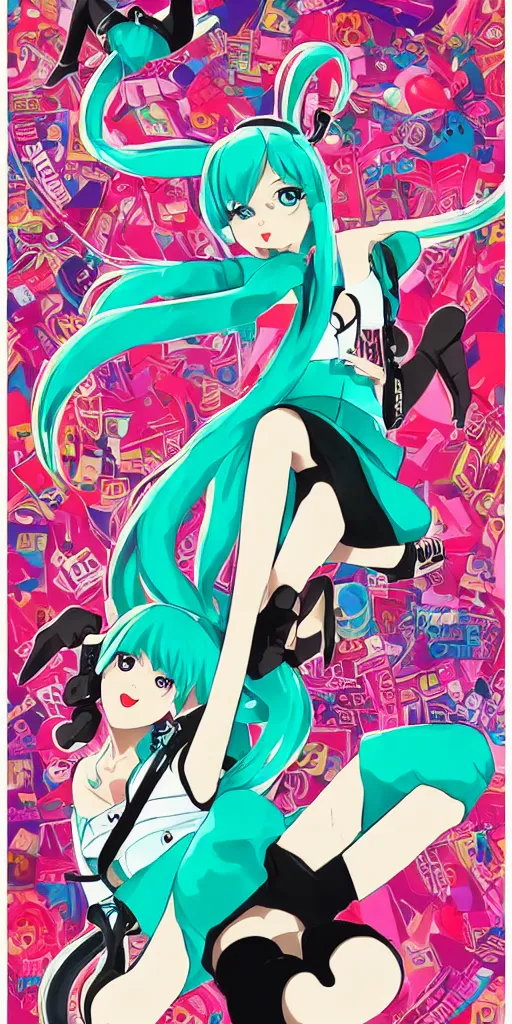 Prompt: Hatsune miku swing dancing with Gumi by Tristan Eaton. 1930s Musical.