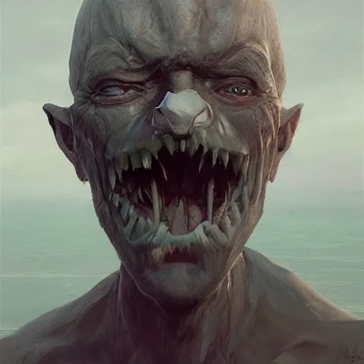 Prompt: A beautiful conceptual art of a giant head. The head is bald and has a big nose. The eyes are wide open and have a crazy look. The mouth is open and has sharp teeth. The neck is long and thin. by Greg Rutkowski, by Francesco Borromini playful