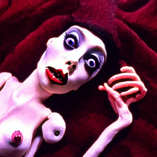 Prompt: claymation jacinda arden by jan svankmajer, hyperrealistic, very detailed, tim burton, 3 5 mm film still, gothic, horror, eldritch