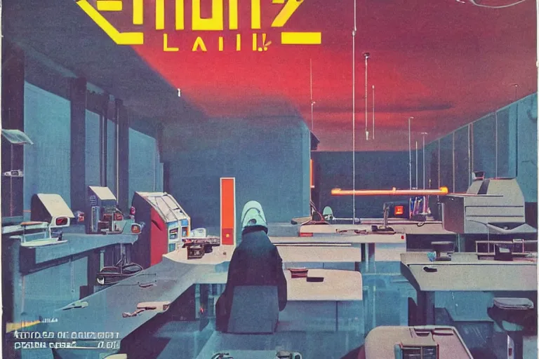 Image similar to 1979 OMNI Magazine Cover of a denture lab. in cyberpunk style by Vincent Di Fate