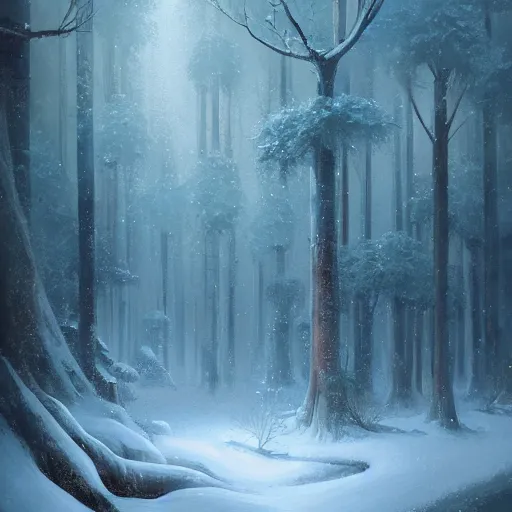 Prompt: a painting of a forest with lots of snow flakes, a detailed matte painting by shin yun - bok, cgsociety contest winner, fantasy art, bioluminescence, speedpainting, concept art