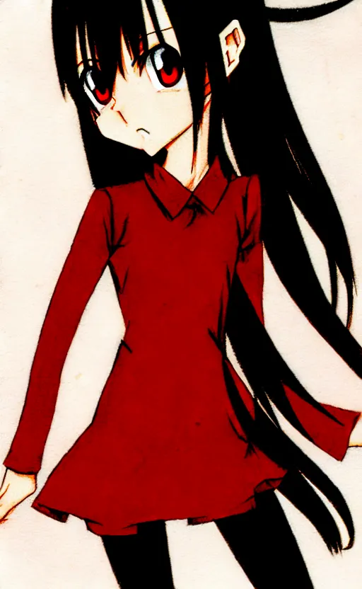 Image similar to anime girl with a detailed face and black hair in a red outfit under an empty space, full body, trending, illustration, by hiroyuki imaishi