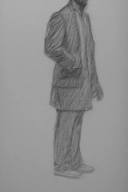 Image similar to a drawn man standing in the rain. pencil sketch.