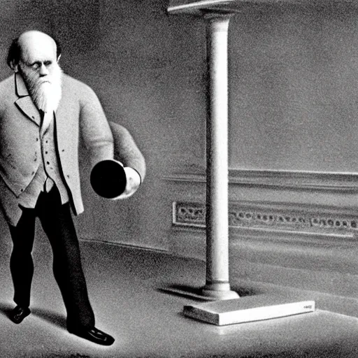 Prompt: Charles Darwin playing wii fit