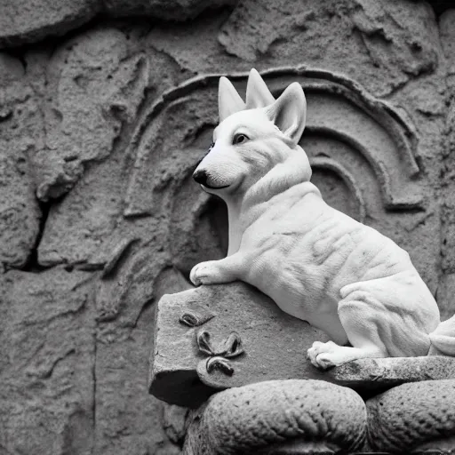 Image similar to corgi gargoyle with wings made of stone, uncropped, photography