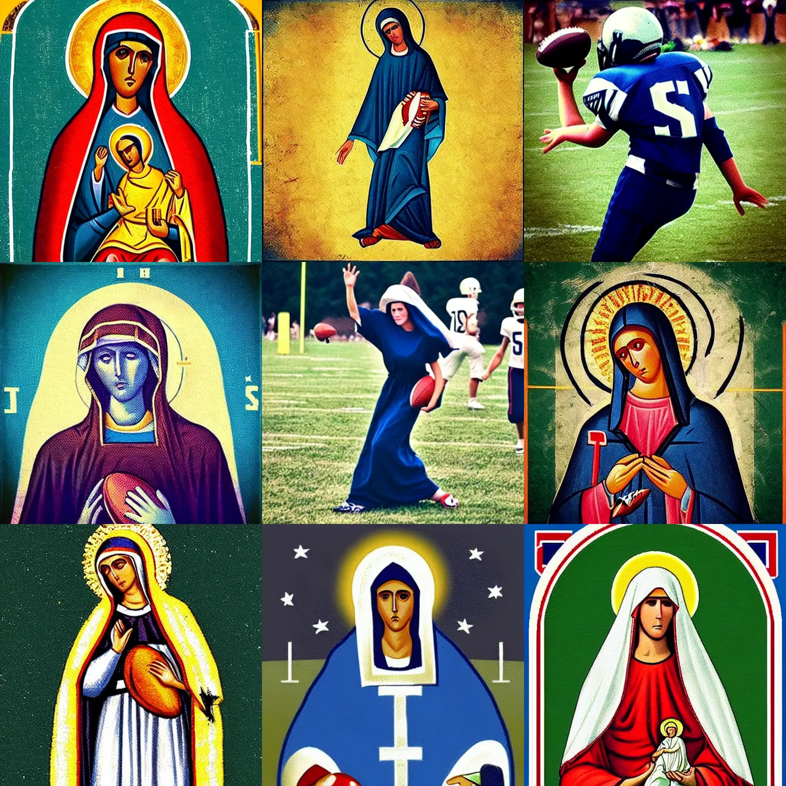 Prompt: “The Virgin Mary playing American football. She is wearing a helmet and playing on a field with a team. The football is being punted. The football is Baby Jesus. Orthodox Iconography”